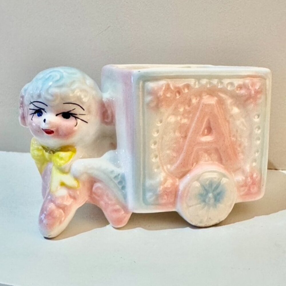Vintage 1960s Baby Lamb Ceramic Letter Block Planter